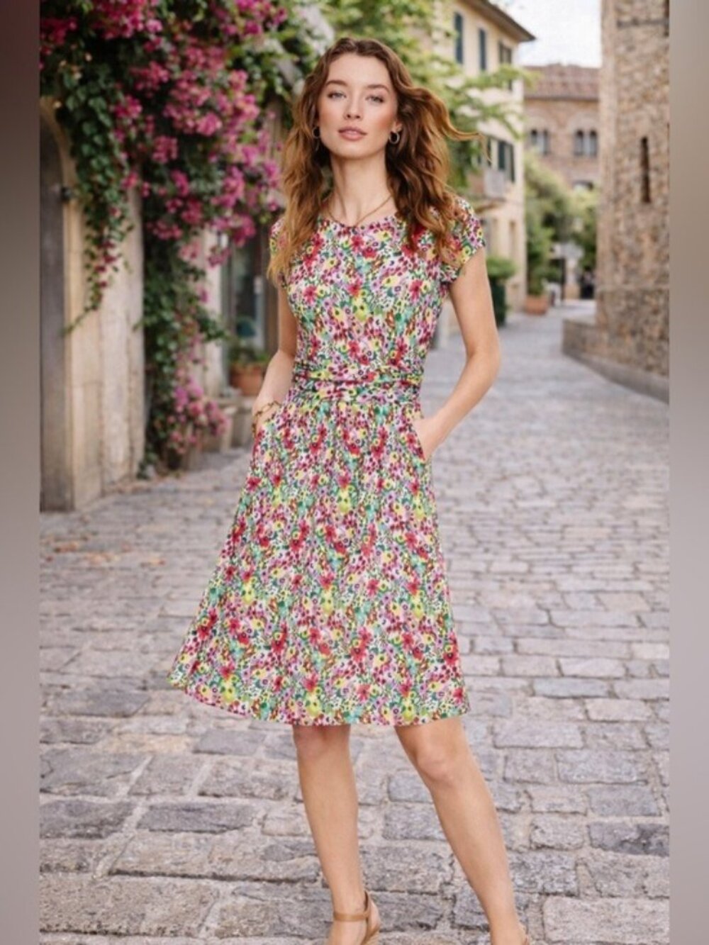 Boden Amelie Floral Jersey Dress Size 8 Rushed Waist Short Sleeve Pockets